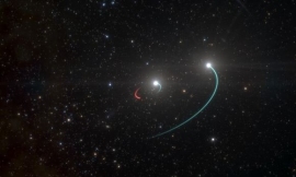 1つの星（青色の軌道）と新しく発見されたブラック ホール（赤色の軌道）を持つ内部連星と、より広い軌道 （青色の軌道） にある別の星のイメージ。(c) ヨーロッパ南天天文台（ESO）