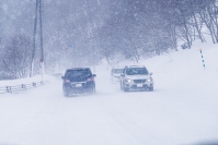 吹雪の中を自動車が走行する様子。