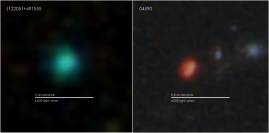 ジェームスウェッブ宇宙望遠鏡が観測した131億年前の銀河（左）、2009年に発見されたグリーンピース銀河（右）。クレジット: SDSS および NASA、ESA、CSA、および STScI