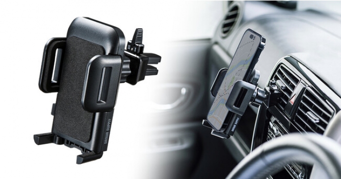 クルマのエアコン吹き出し口に設置して、視界を遮らずスマートフォンが取り付けられる車載ホルダー「CAR-HLD10BKN」（画像：サンワサプライ発表資料より）
