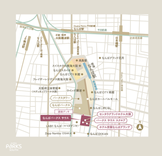 なんばパークスサウスの位置（南海電鉄の発表資料より）