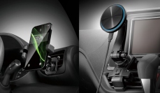 「スマホルダー エアコン取付け クイックS」（左）と「MagChargeスマホルダー」（右）（画像: カーメイトの発表資料より）