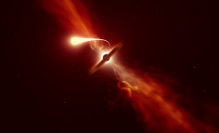 「潮汐破壊現象」中に超大質量ブラックホール （背景） に吸い込まれ、スパゲッティ化を経験している星を描いたイラスト。(c) ESO/M. Kornmesser