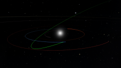 地球に最接近する2022 SF289（緑色）の軌道（青色の軌道）を示す画像。金星の軌道はオレンジ色、火星の軌道は赤色。（画像: ワシントン大学の発表資料より）