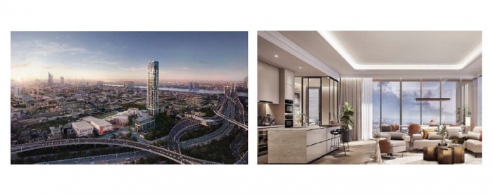 外観イメージ（左）と、リビングルームのイメージ（画像: 東急の発表資料より）