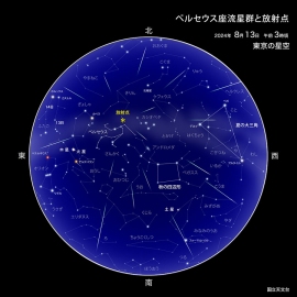 8月13日午前3時ごろの東京におけるペルセウス座流星群の放射点 (c) 国立天文台 8月13日午前3時ごろの東京におけるペルセウス座流星群の放射点 (c) 国立天文台