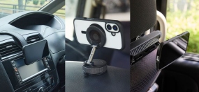 MagSafe対応のiPhoneやケースを使用することでホルダーでき、運転中の振動や急ブレーキなどによるスマートフォンの落下を防ぐ３タイプ（画像：エレコム発表資料より）