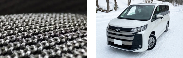 「モビルシュシュ装着イメージと生地表面の凸凹の様子（画像：株式会社ソフト９９コーポレーション　発表資料より）
