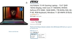 米Amazon.comで、「GeForce RTX 5060」搭載MSI製ゲーミングノートPC「Katana 15 HX」が過去最安値となる1,133.67ドル(約18万3,700円)で販売されている。 米Amazon.comで、「GeForce RTX 5060」搭載MSI製ゲーミングノートPC「Katana 15 HX」が過去最安値となる1,133.67ドル(約18万3,700円)で販売されている。