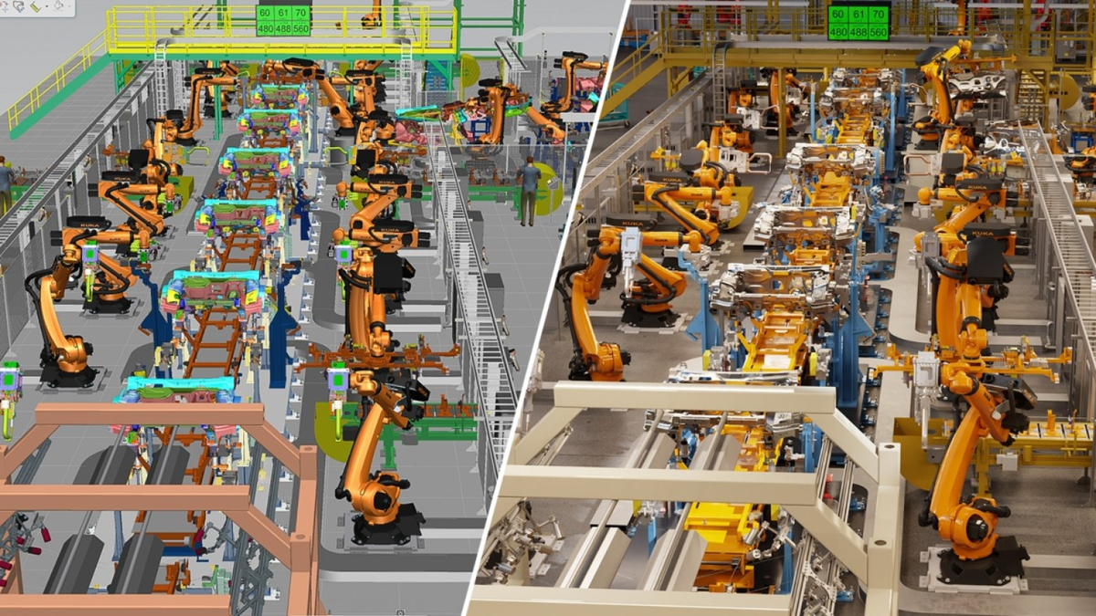 Side-by-side comparison of a digital factory simulation and a real factory assembly line with robotic arms. (Nvidia.com)