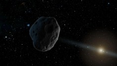 This artist’s concept depicts a near-Earth asteroid with an elongated orbit. A few objects such as these can exhibit significant perturbations in their motion around the Sun and could turn out to be regular comets with a weak tail and coma . (JPL-Caltech/Nasa.gov)