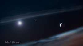 This artist’s concept shows the Beta Pictoris system with the discovered giant exoplanet Beta Pictoris d at the right. It has the widest orbit of the known three exoplanets within the system. (Nasa.gov)