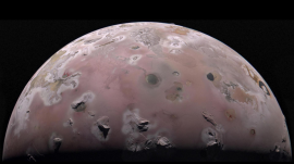 The north polar region of Jupiter’s volcanic moon Io was captured by NASA’s Juno during the spacecraft’s 57th close pass of the gas giant on Dec. 30, 2023. Data from that flyby and one on Feb. 3, 2024, is helping scientists understand Io’s interior. (Gerald Eichstädt/Nasa.gov)