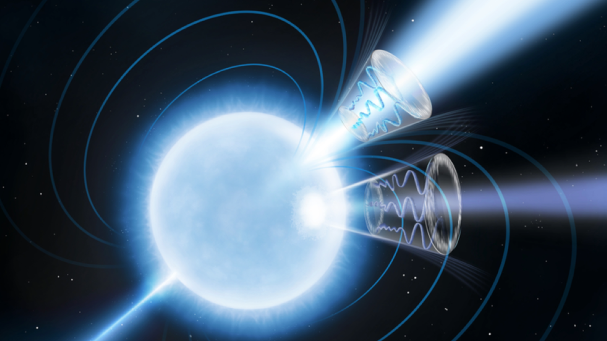 This artist’s concept depicts magnetar 1E 1547.0-5408, a rapidly rotating neutron star with magnetic fields over a trillion times stronger than Earth’s. Blue curves emanating from the star's two magnetic poles represent the magnetic field lines. The magnetar is a significant emitter of radio and X-ray radiation, with their peaks offset during its 2.1-second rotation period. This indicates the primary X-ray emitter is a secondary “hot spot” offset from the magnetic axis. These emitters are depicted as conical sections: the lighter blue radio emission peaks at the magnetic field's symmetry axis, while the darker blue X-ray emission peaks below. The upper and lower emission cones show X-ray polarization degrees of 40% and 80%, respectively. These high values, along with smooth, coherent variations in polarization across the rotation period, provide the most definitive signal to date of vacuum birefringence a long-sought prediction of quantum electrodynamics. (Pablo Garcia/Nasa.gov) This artist’s concept depicts magnetar 1E 1547.0-5408, a rapidly rotating neutron star with magnetic fields over a trillion times stronger than Earth’s. Blue curves emanating from the star's two magnetic poles represent the magnetic field lines. The magnetar is a significant emitter of radio and X-ray radiation, with their peaks offset during its 2.1-second rotation period. This indicates the primary X-ray emitter is a secondary “hot spot” offset from the magnetic axis. These emitters are depicted as conical sections: the lighter blue radio emission peaks at the magnetic field's symmetry axis, while the darker blue X-ray emission peaks below. The upper and lower emission cones show X-ray polarization degrees of 40% and 80%, respectively. These high values, along with smooth, coherent variations in polarization across the rotation period, provide the most definitive signal to date of vacuum birefringence a long-sought prediction of quantum electrodynamics. (Pablo Garcia/Nasa.gov)