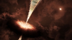 NGC 1333 IRAS 4Aにある若い星から噴き出すガスを取り巻く、ねじれた漏斗状の磁場を描いた想像図。ALMAの新たな観測データは、この環状構造をかつてないほど詳細に捉え、若い星から強力なジェットが放出され、その形が整えられる仕組みに関する数十年来の理論を裏付けた。（Public.nrao.edu）
