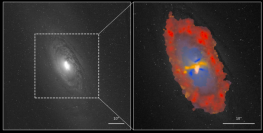 銀河NGC 1386の全体像と中心領域の解析画像。赤は星形成、青は活動銀河核による放射、黄は衝撃波が優勢な領域を示す。画像提供：Peixin Zhu