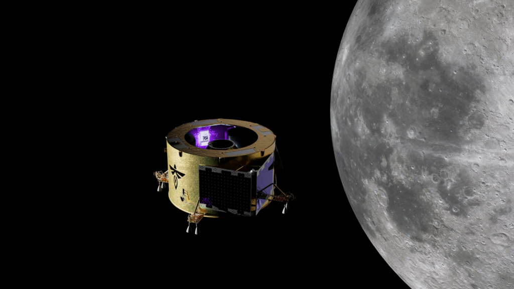 月周回軌道を飛行するFirefly Aerospaceの軌道機『Elytra』のイメージ。StarcloudのAI計算装置『SC-1L』を搭載し、軌道上で画像データを処理する計画だ（Credit: Firefly Aerospace）