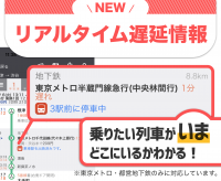 「乗換案内」が東京メトロ「列車運行情報データ」と連携　列車ごとのリアルタイムな遅延時分と走行位置が確認可能に