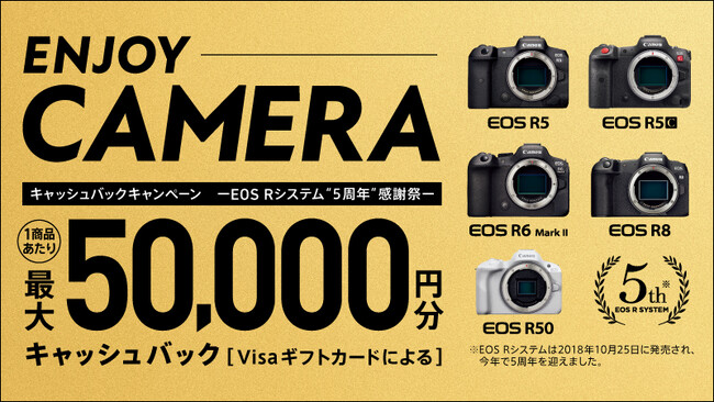 EOS Rシリーズ10商品を対象に最大5万円をキャッシュバックする「ENJOY CAMERA キャッシュバックキャンペーン ―EOS Rシステム“５周年”感謝祭―」を開催
