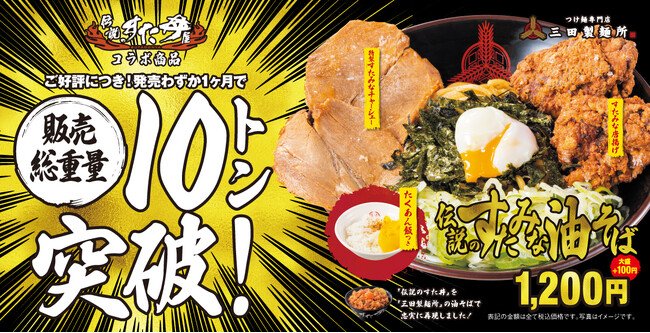 【速報】三田の油そば史上最速！三田製麺所×伝説のすた丼屋コラボメニュー『伝説のすたみな油そば』が販売からわずか1か月で販売総重量１０トン（約1.2万食）突破！