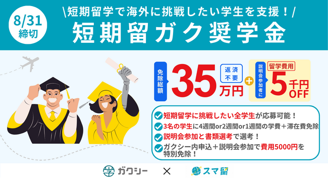 海外留学エージェント『スマ留』、本日8/1から国内最大の奨学金情報サイト『ガクシー』にて総額35万円分となる留学奨学金の申込受付開始。