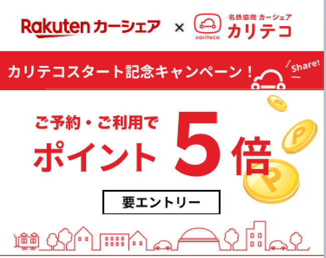 名鉄協商と楽天が提携し、「楽天カーシェア」においてカーシェア「カリテコ」の取り扱いを開始