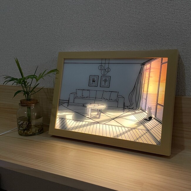 アートの中に立体的に光が浮かびあがる、LEDフレームがHashyから登場。その名も　「サプライズピクチャー」　第一弾はネコモチーフのアート2種類