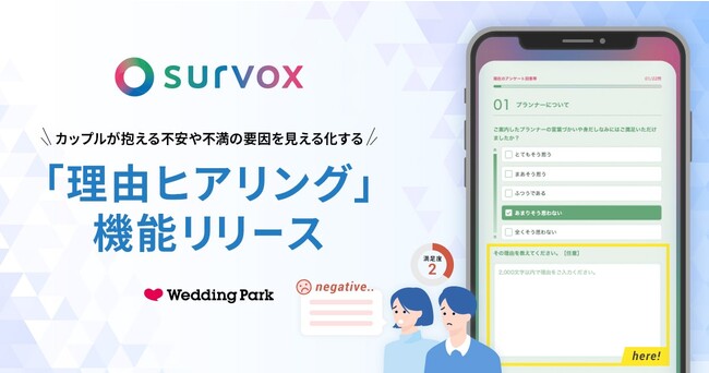 ウエディング業界に特化したカップル向け満足度サーベイツール「survox」｜カップルが抱える不安や不満の要因を見える化する「理由ヒアリング機能」をリリース