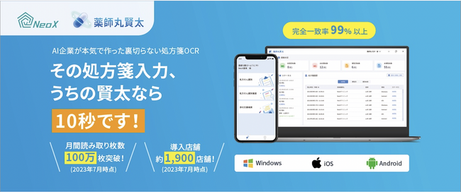 調剤薬局向け処方箋入力支援AI-OCRサービス「薬師丸賢太」、2023年7月期に処方箋読み取り枚数月間100万枚突破