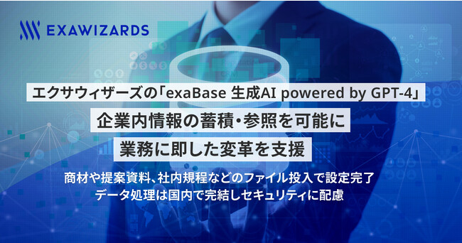 エクサウィザーズの「exaBase 生成AI powered by GPT-4」 企業内情報の蓄積・参照を可能に、業務に即した変革を支援