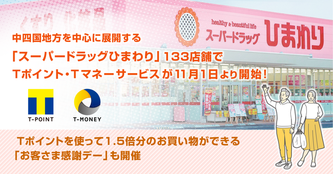 中四国地方を中心に展開する「スーパードラッグひまわり」133店舗でTポイント・Tマネーサービスが11月1日より開始！