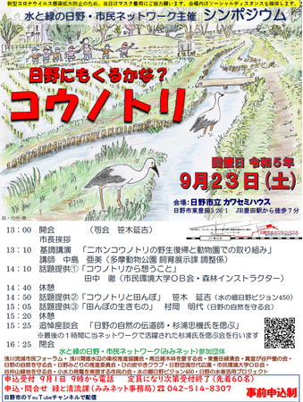 水と緑の日野・市民ネットワーク主催　第19回シンポジウム「日野にもくるかな、コウノトリ」