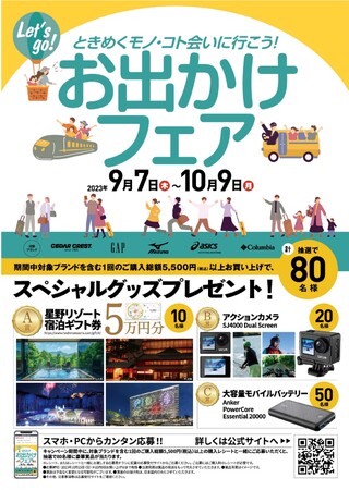 行楽シーズンにうれしい豪華賞品が80名様に当たる！「お出かけフェア」9月7日(木)より、全国のシュープラザ、東京靴流通センター他全店舗と、公式オンラインショップ「kutsu.com」で開催。