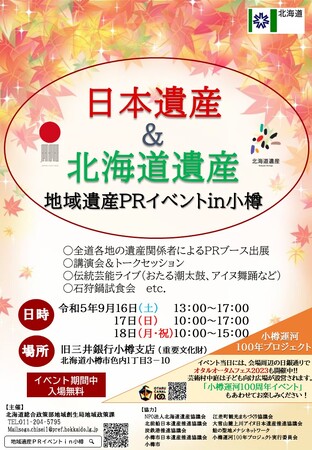 【9月16日（土）～18日（月）】北海道の遺産で楽しもう！～「地域遺産PRイベントin小樽」を開催します！！～