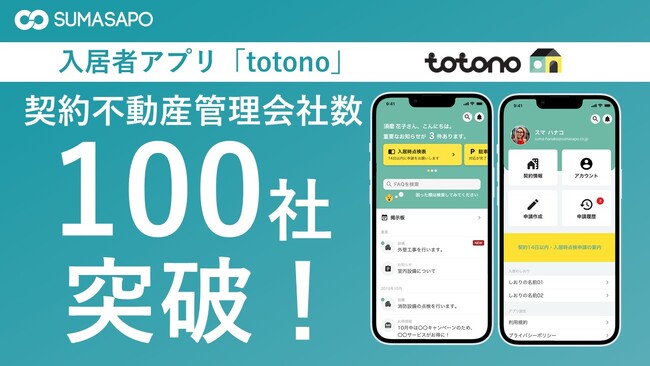 契約不動産管理会社数「100社」を突破！！管理会社と入居者の負担を軽減する入居者アプリ「totono」
