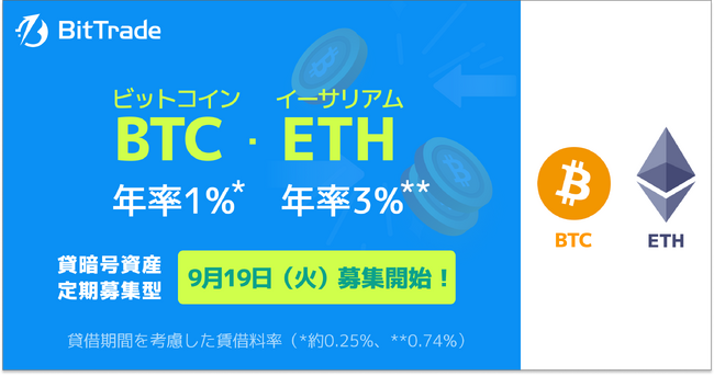 国内暗号資産取引所ビットトレード、【ビットコイン（BTC）、イーサリアム（ETH）貸して増やす・貸暗号資産】定期募集のお知らせ