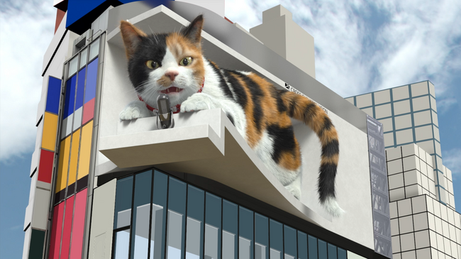 猫はマイクがお気に入り？3D巨大猫こと『新宿東口の猫』の新作動画『ねこ＆エコー編』が、9月29日の招き猫の日にクロス新宿ビジョンにて放映スタート！