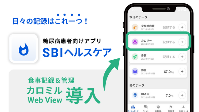 糖尿病患者の重症化予防支援アプリ「SBIヘルスケア」にカロミルの食事管理機能を搭載！