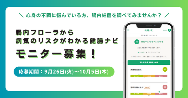 腸内フローラから病気のリスクがわかる『健腸ナビ』でセルフケアに取り組む　モニター募集