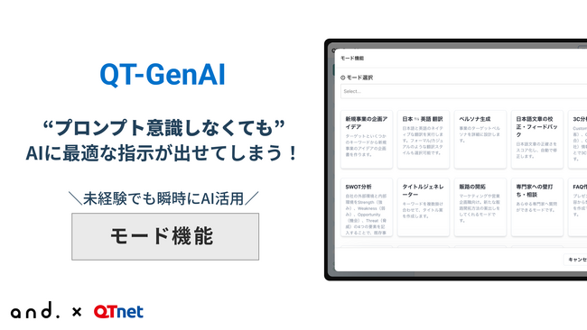 生成AIの普及が遅いのは、「活用イメージが湧かないから」という声も。QT-GenAIが、『プロンプト不要』で操作できるモード機能を追加