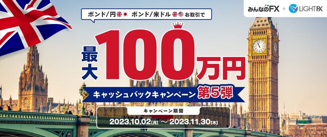 【みんなのFX】【LIGHT FX】「ポンド/円・ポンド/米ドル　最大100万円キャッシュバックキャンペーン第5弾」実施中！