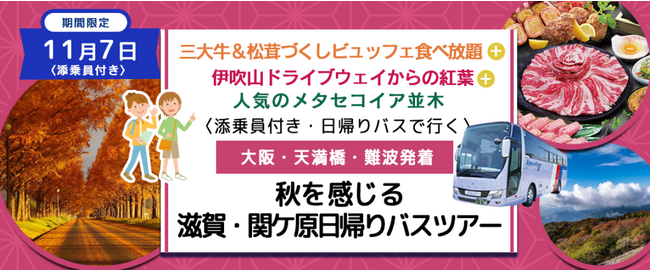 お一人様￥11,000-　11月7日(火) 〈大阪駅・天満橋・なんば発着・添乗員付き〉 三大牛＆松茸づくし 食べ放題＋伊吹山ドライブウェイ＋人気のメタセコイア並木　滋賀・関ケ原日帰りバスツアー