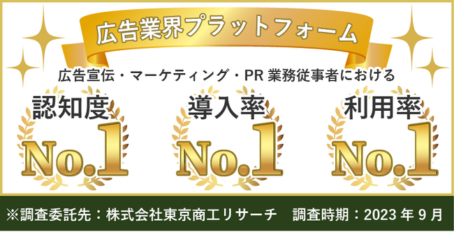広告業界のプラットフォーム「メディアレーダー」が、広告宣伝・マーケティング・PR業務従事者における「認知度」「導入率」「利用率」の三項目でNo.1を獲得！
