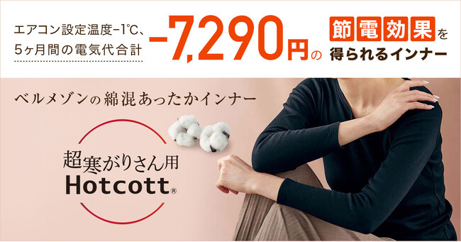 「Hotcott（ホットコット）(R)」を着て電気代合計「7,290円」節約！この冬5か月間、エアコン設定温度を1℃下げて上手に節電！そのヒミツは？「超寒がりさん」シリーズ