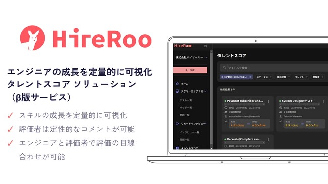 コーディング試験サービスのハイヤールー、社内向けスキル評価機能「HireRoo タレントスコア」β版をリリース