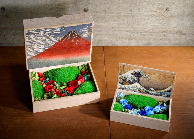 日本の伝統美を最先端技術で世界に一つだけの景色に　プリザーブドフラワーと浮世絵が桐箱の中で融合