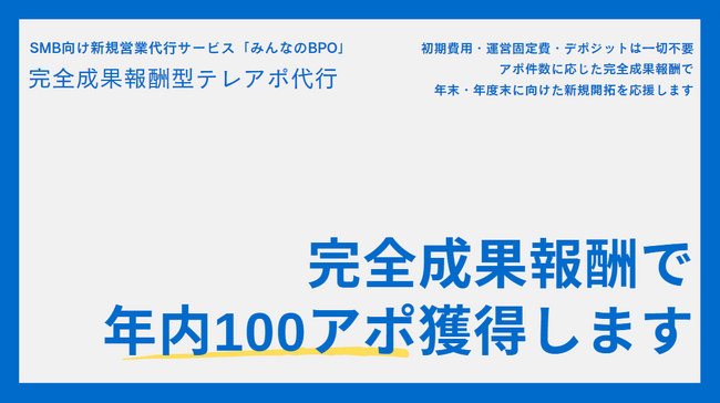 「みんなのBPO」にて【完全成果報酬型・年内100アポ獲得メニュー】の提供を開始。今年のアポは今年のうちに、皆様の計画達成に向けて集中的にご支援します。
