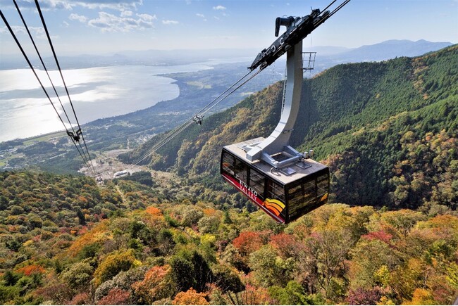 びわ湖バレイの紅葉、間もなく見頃！-びわ湖テラスの青、びわ湖の青、青空、山頂の紅葉、山麓の緑、さまざまな色のコントラスト-
