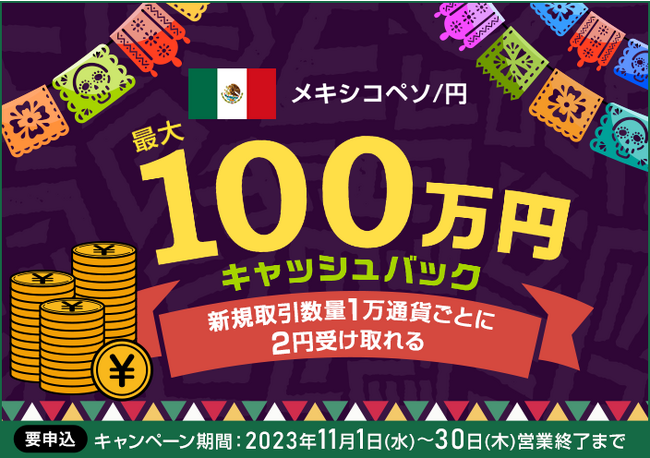 【セントラル短資ＦＸ】メキシコペソ/円の新規取引で最大1,000,000円キャッシュバック