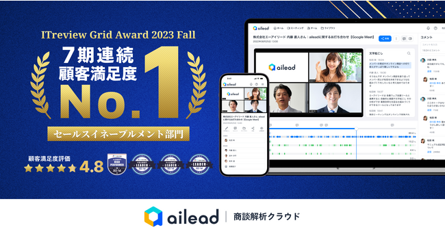 商談解析クラウド 「ailead」 、 ITreview Grid Award 2023 Fall のセールスイネーブルメント・SFA部門にて「Leader」の受賞を記念し最大1ヶ月間の無償提供を開始